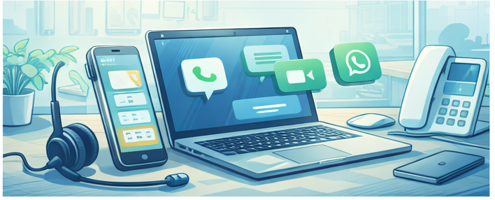 Comic-Style Illustration mit Laptop, Smartphone, Telefon und Kontakt-Symbolen