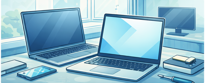 Comic-Stil Bild mit Notebook, Bildschirm, Smartphone und externer Festplatte auf einem hellen IT-Arbeitsplatz.