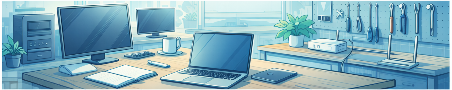 Comic-Stil Bild mit persönlichem IT-Arbeitsplatz, Monitor, Werkzeug und Zubehör im hellen CEIS-IT Stil.