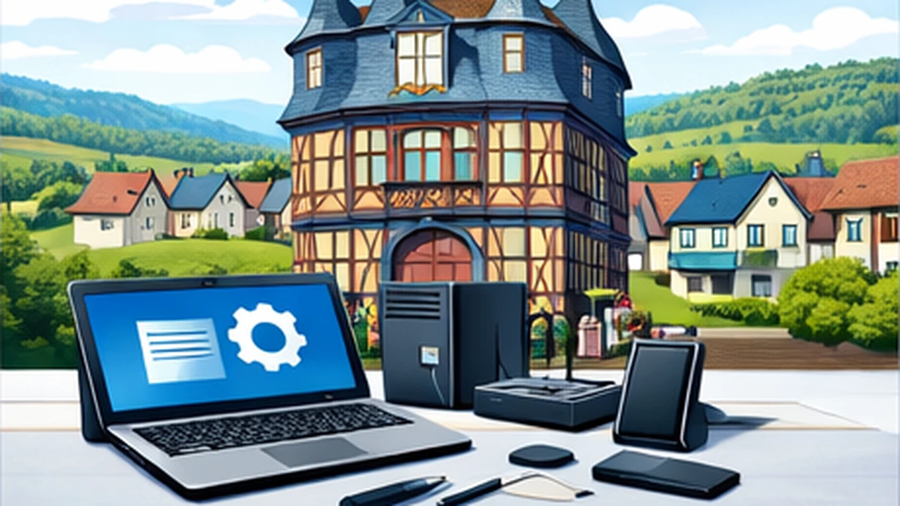 Comic-Stil Bild mit IT-Arbeitsplatz und markantem Fachwerkmotiv aus Frankenberg (Eder)